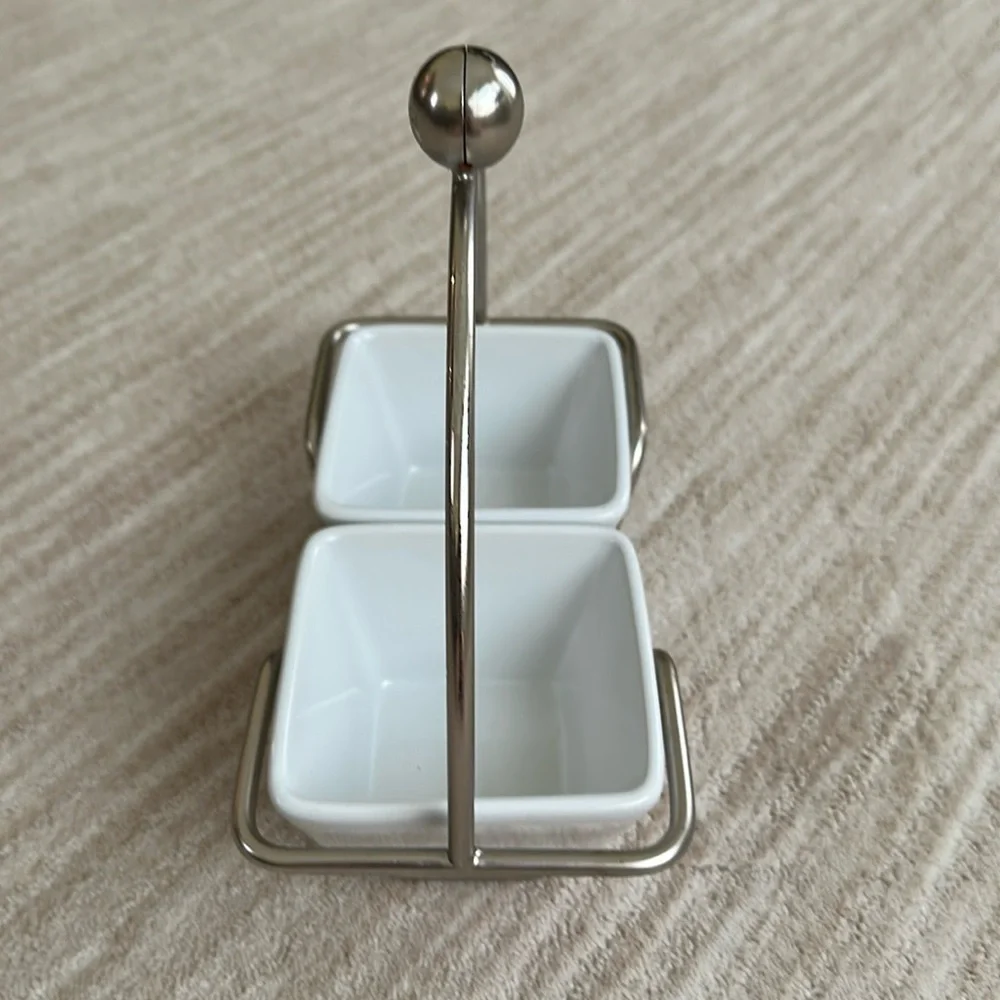 PAMPERED CHEF Simple Additions Brushed Silver Caddy w/ 2 Square White Bowls